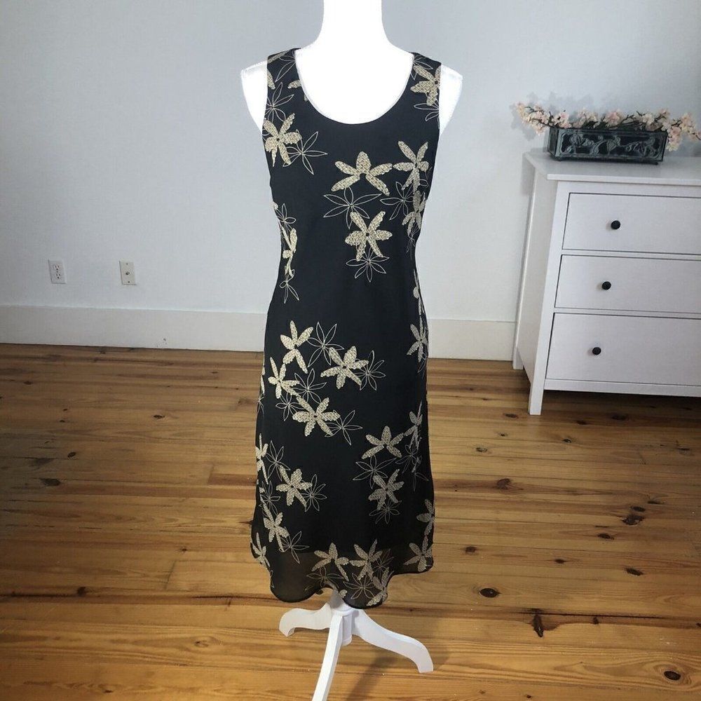 Vtg 90s Sheri Martin Black Floral Chiffon Sheath Dress SZ 8 Sleeveless Slip Cute